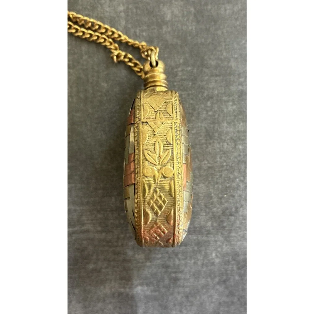 Vintage Perfume Bottle Necklace Pendant Chatelaine Woven Mixed Metal Flask 1.6oz